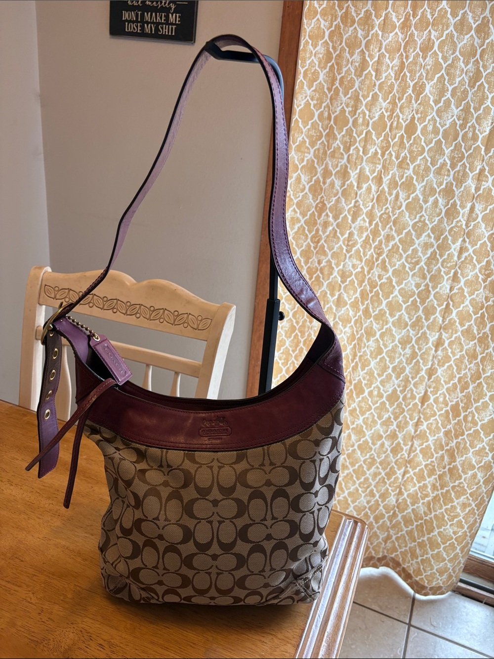 Coach Sophie Bleecker Monogram Hobo Bag with Purple Trim and Tan Canvas